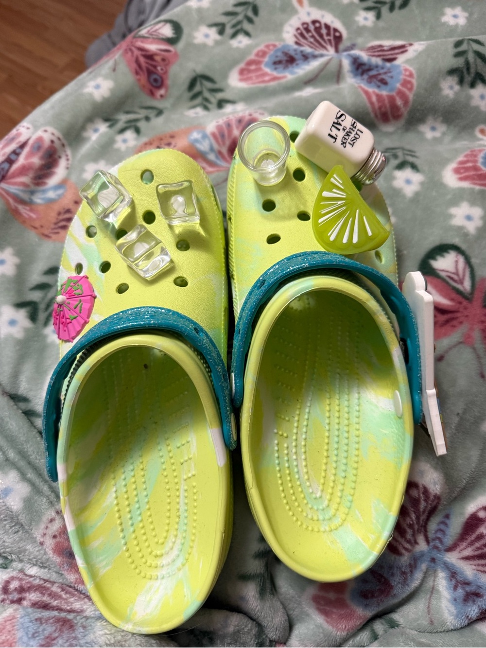 CROCS Neon Lime Green and Teal Clog Sandals with Charms